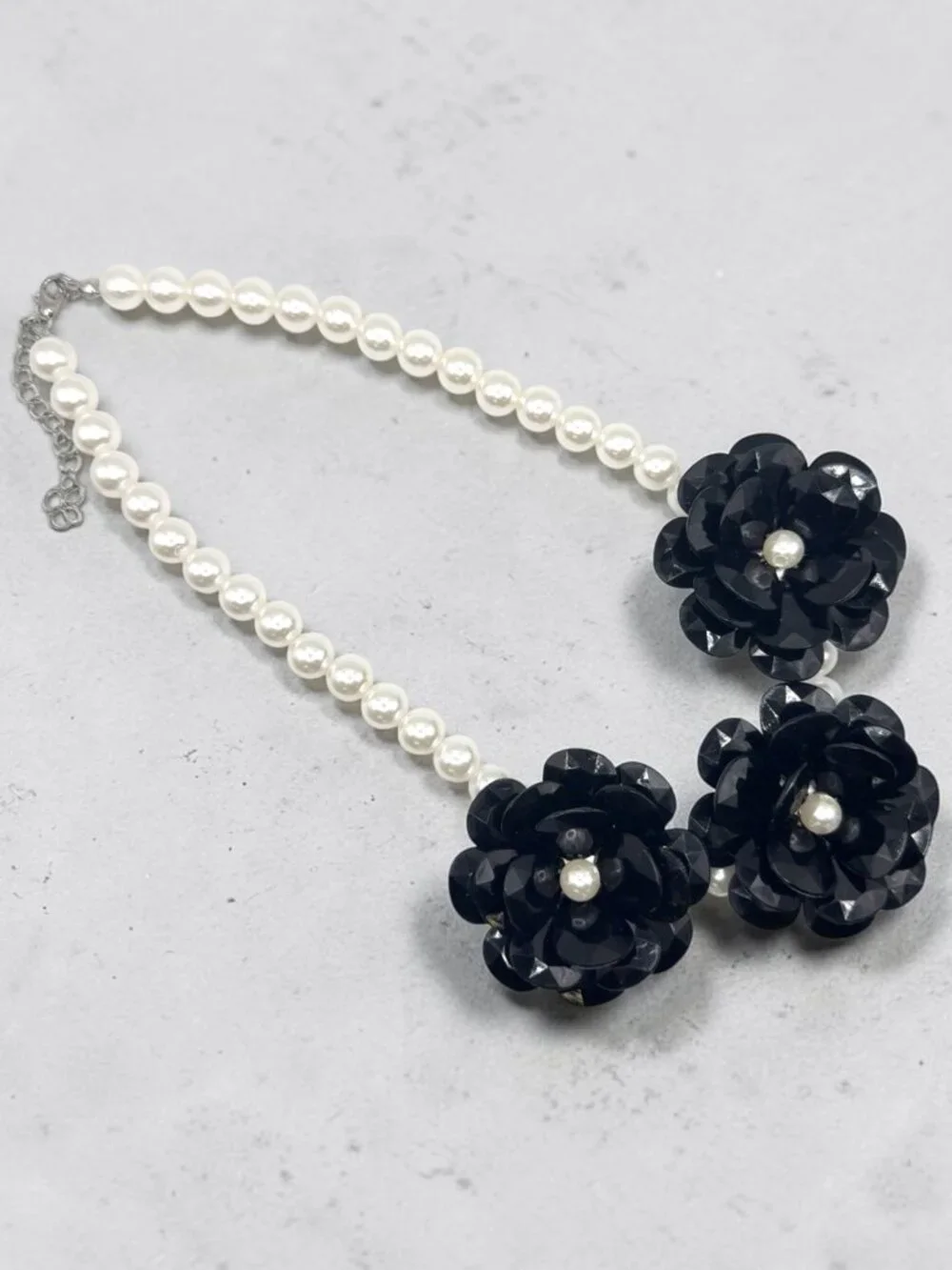 Silver-Tone Faux Pearl and Black Flower Statement Necklace